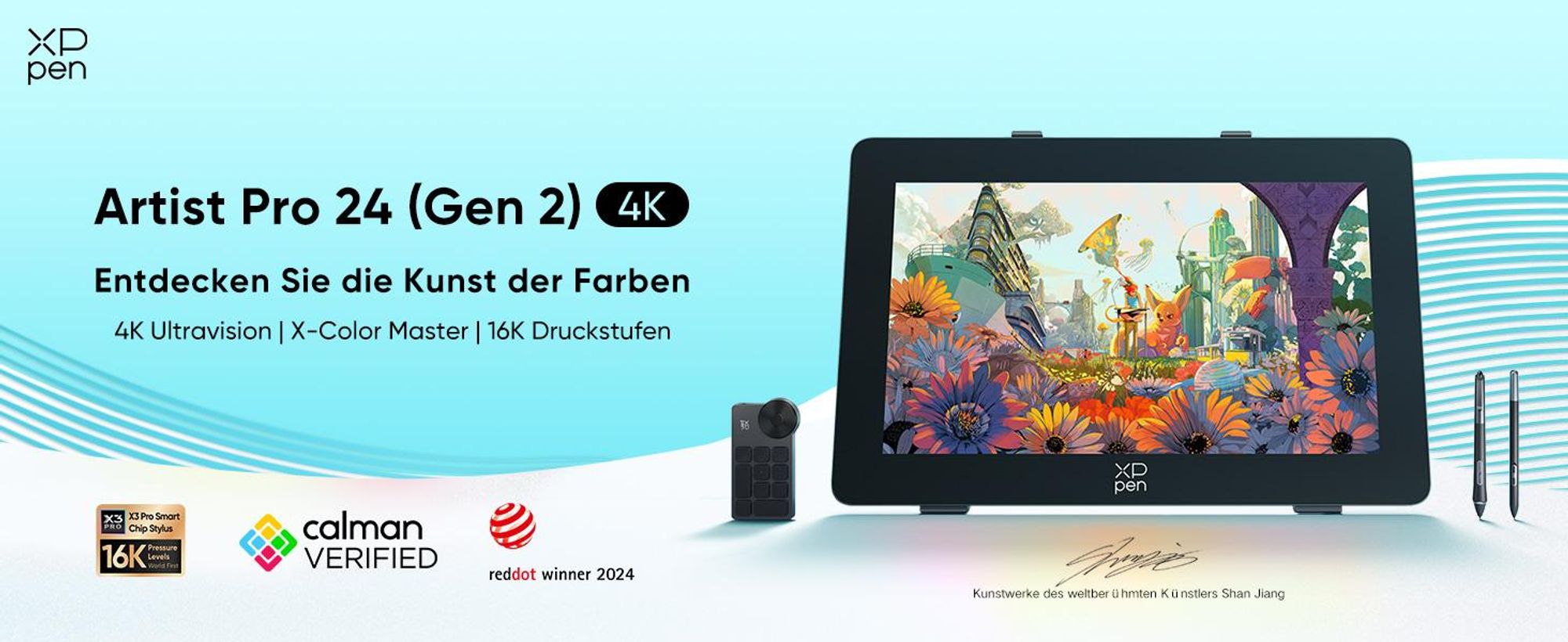 XPPen Artist 24 Pro (Gen 2) 4K, Kabelgebunden, 5080 lpi, 526 x 296 mm, USB/Bluetooth, 1 cm, Stift