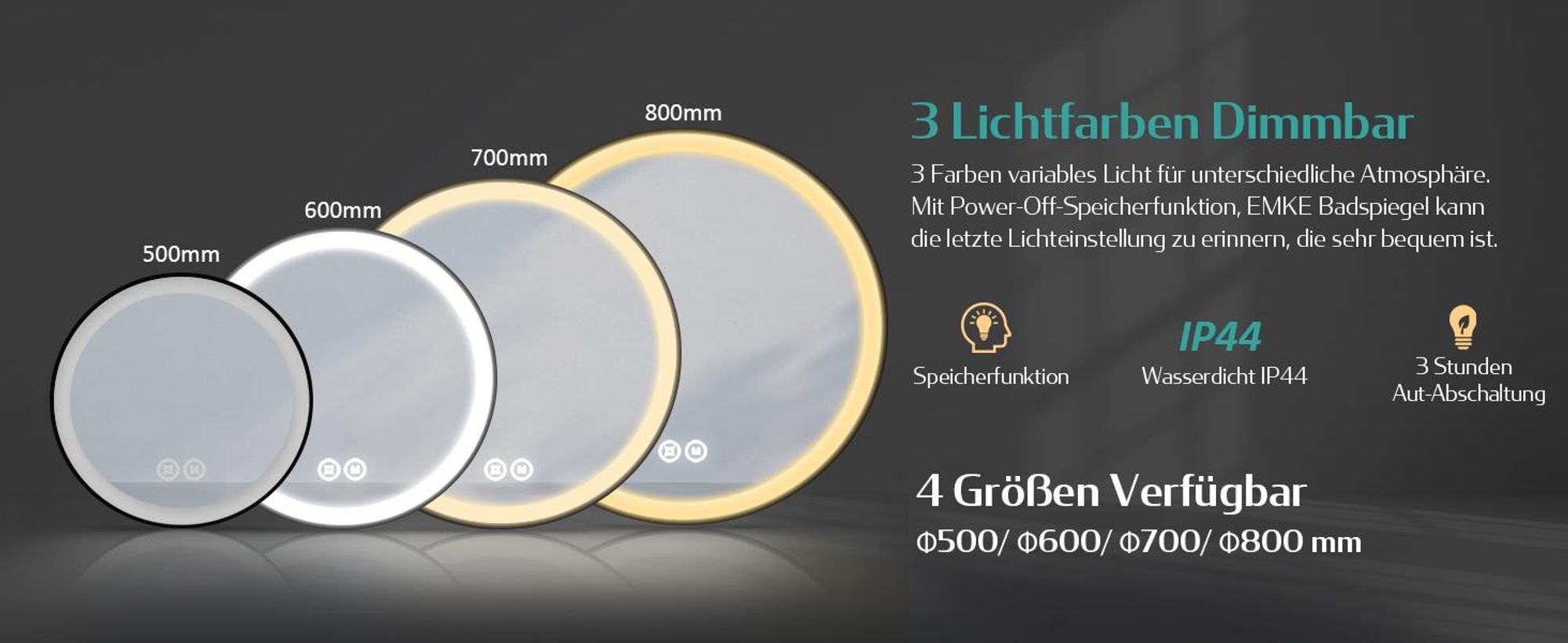 EMKE LED Badspiegel Rund 60 cm Durchmesser LED Spiegel Badezimmerspiegel mit Beleuchtung 3 Lichtfarbe 3000-6400K Kaltweiß Neutral Warmweiß Dimmbar Lichtspiegel mit Touchschalter IP44 Energiesparend (Schwarz Design)