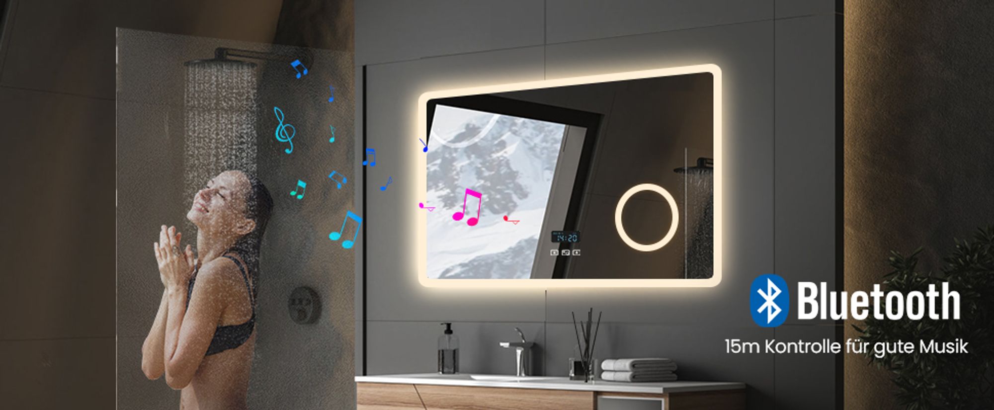 Heilmetz LED Badspiegel 100x60cm Beleuchtung Badezimmerspiegel mit Bluetooth 4.1 Lautsprecher, Touch-Schalter mit 3 Lichtfarbe 3000-6500K, Dimmbar