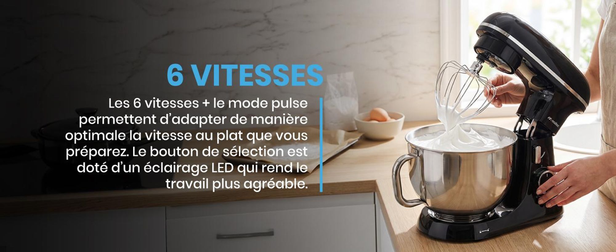 Robot de cuisine, pétrin, mixeur, bol de 7 litres, 3 vitesses, crochets et fouets, acier inoxydable noir, MaltecChef4000W-BL