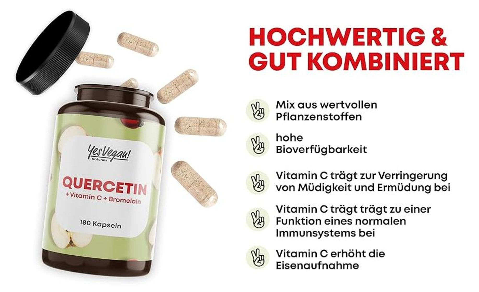 Quercetin hochdosiert mit 500 mg (180 Kapseln für 6 Monate) mit Vitamin C, Bioflavonoide, vegan