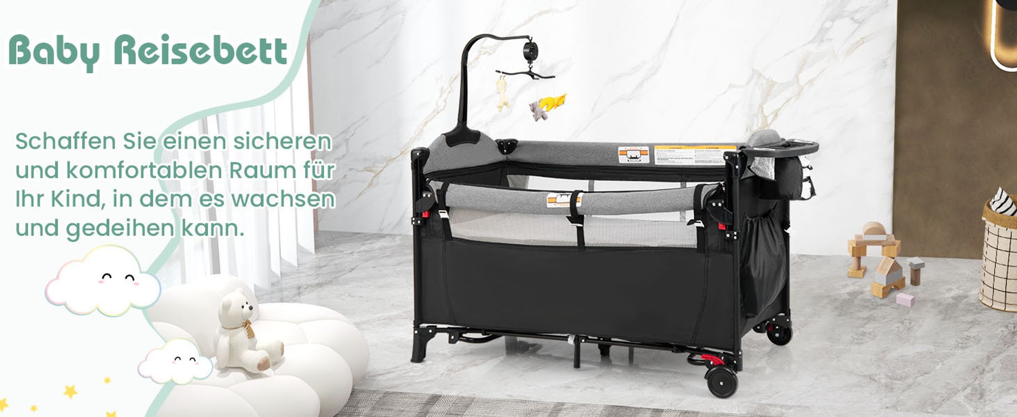 5 in 1 Reisebett mit Matratze 120 x 60cm, Höhenverstellbar Beistellbett mit Wickeltisch, Spieluhr & Spielzeug, Laufstall | Babybett | Babyschaukel für Baby ab Geburt (Grau)
