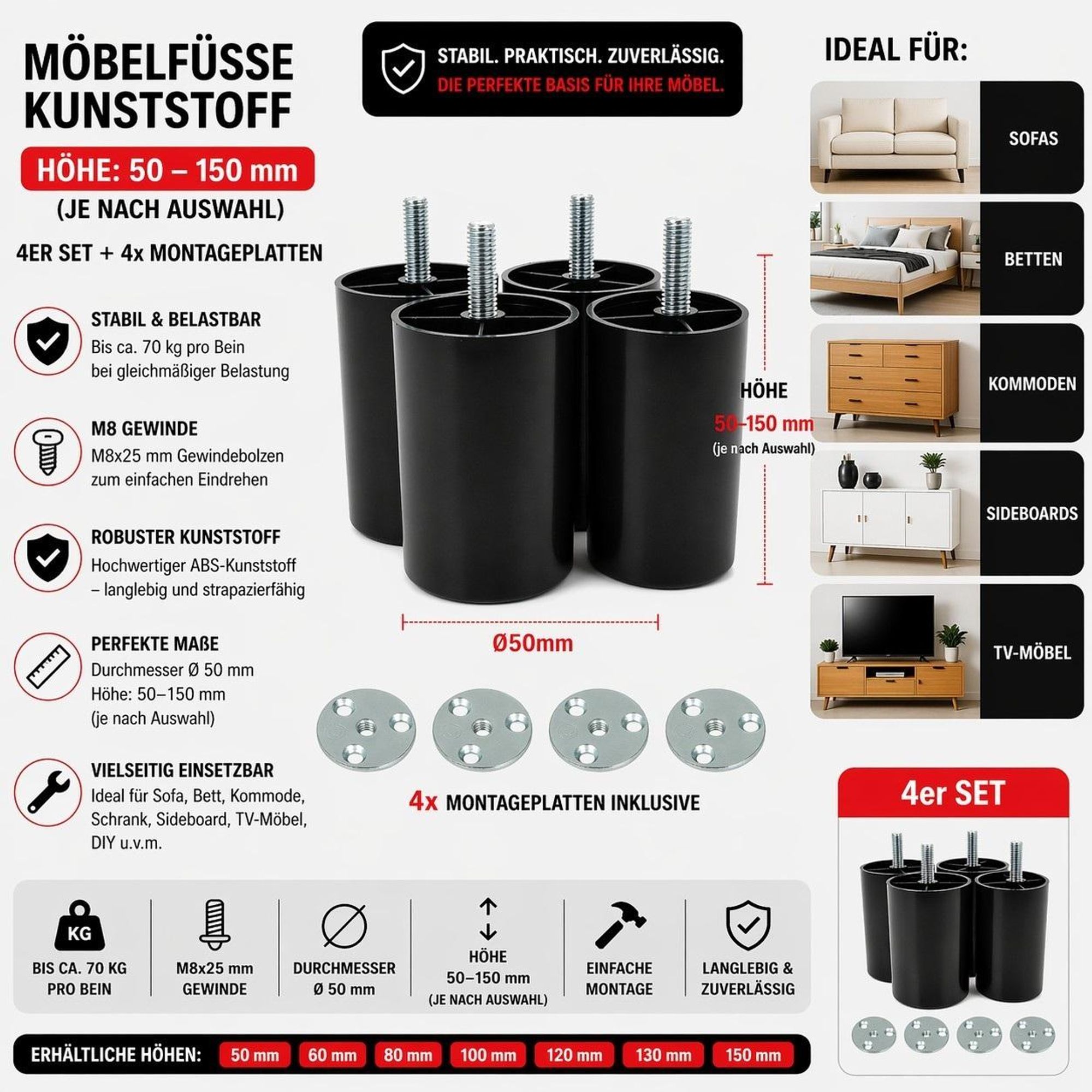 4er Set Möbelfüße Kunststoff Schwarz M8 x 25 mm, Höhe 130 mm, inkl. 4x Montageplatte Stahl Ø 40 mm, Möbelbeine für Sofa, Bett & Schrank