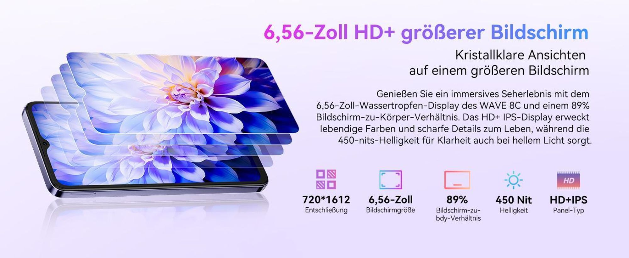 Blackview Wave 8C 6.56" Handy Ohne Vertrag, 6GB+64GB, Dual SIM, 4700mAh,Face ID, 13MP+ 8MP Kamera, 4G, Dawn Blue