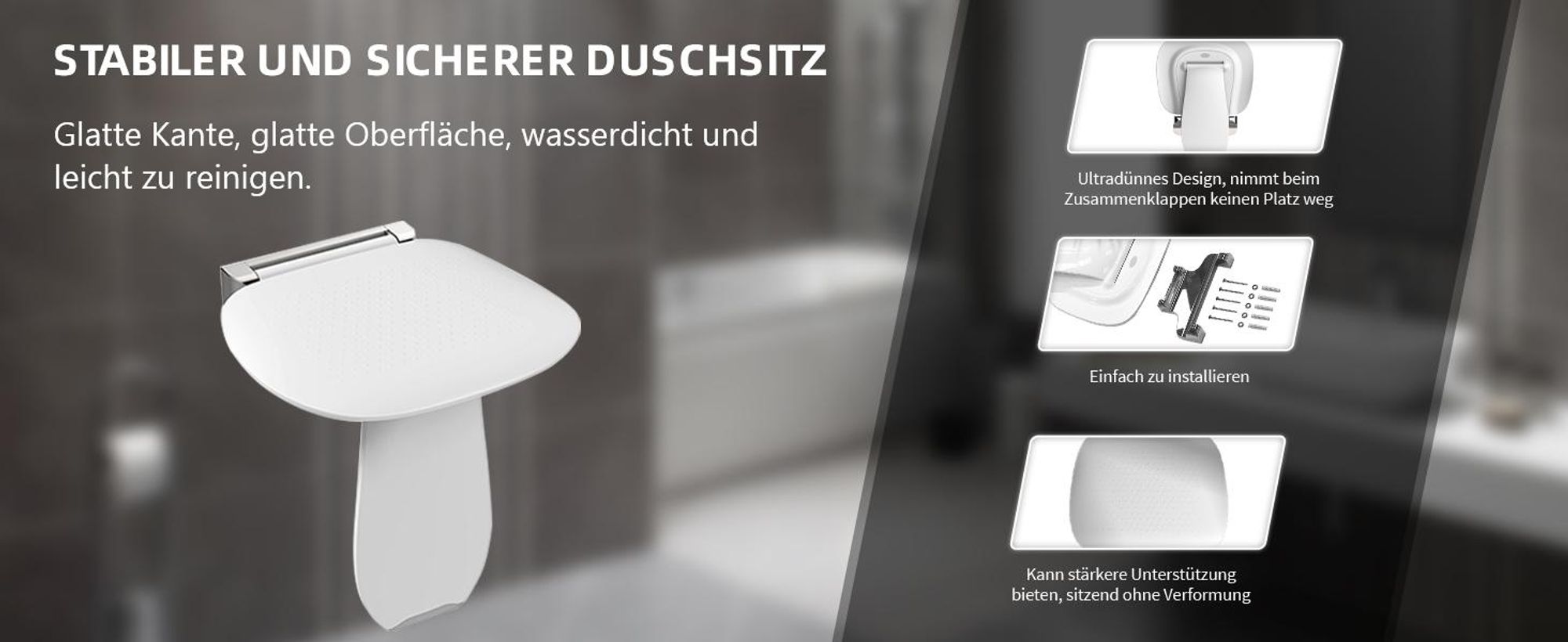 HEUFFE Duschsitz Klappbar Wandmontage Duschklappsitz Klappsitz Dusche bis 200kg Badestuhl Duschhocker-Badhocker Hocker Duschstuhl für Senioren, Weiß