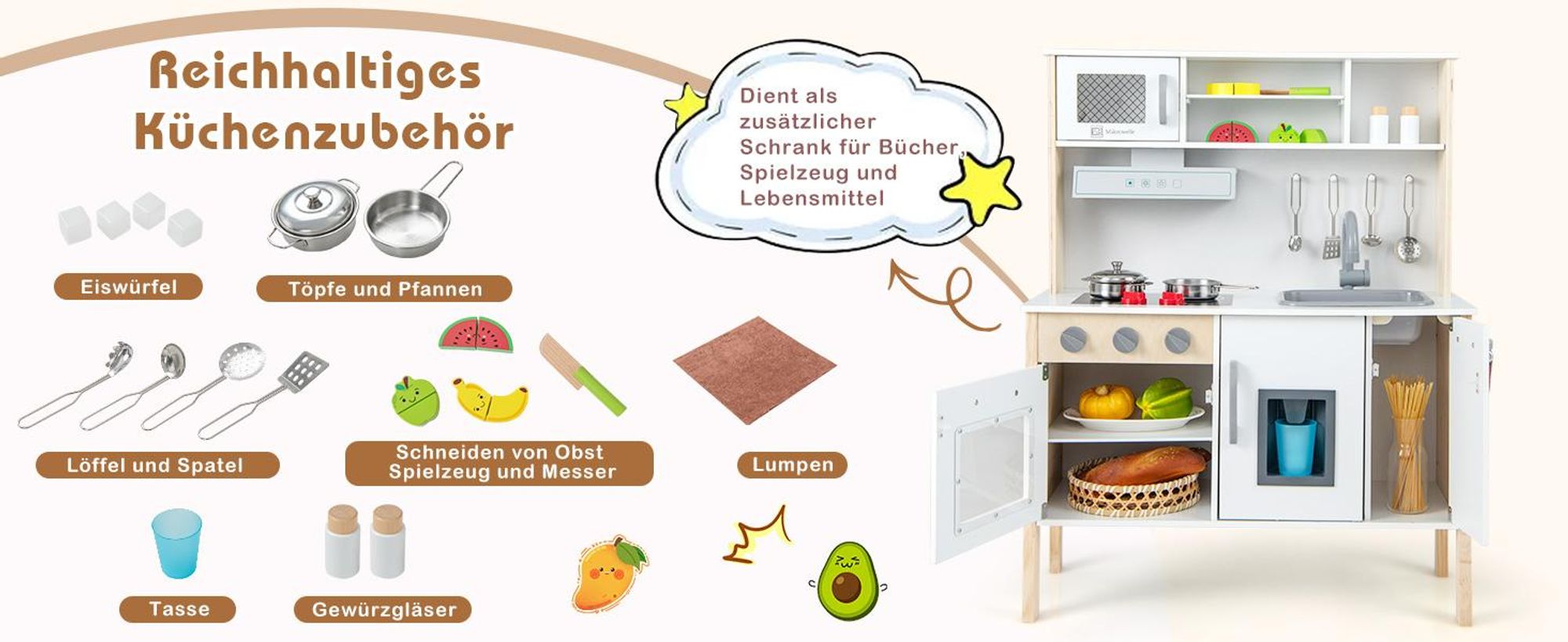 COSTWAY Kinderküche Spielküche inkl. 18 Zubehör, Kinder Küche Holz mit Spüle Mikrowelle Eismaschine Backofen, Dunstabzugshauben für Kinder 3+, Weiß