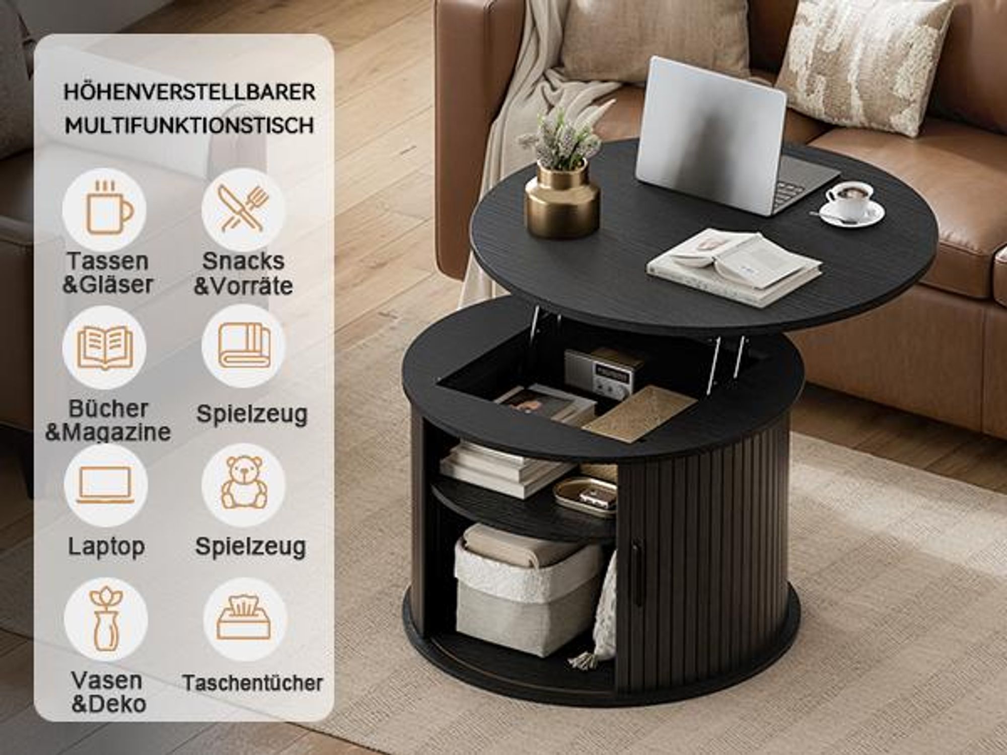 FABATO Runder Couchtisch mit Lift-Funktion & gewelltem Holzdekor – drehbarer Schiebetür-Schrank mit verstecktem Stauraum & offenem Regal fürs Wohnzimm