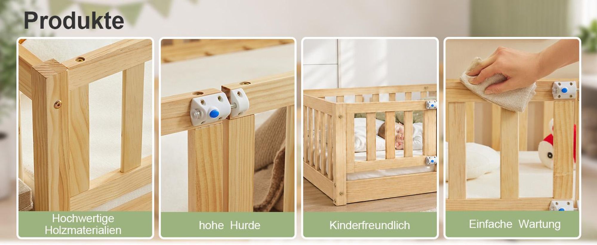 FCH Kinderbett mit Rausfallschutz & Lattenrost, 80x160cm, Montessori Bodenbett mit seitlichem Ausstieg, Einzelbett für Jugendzimmer, Naturbelassen