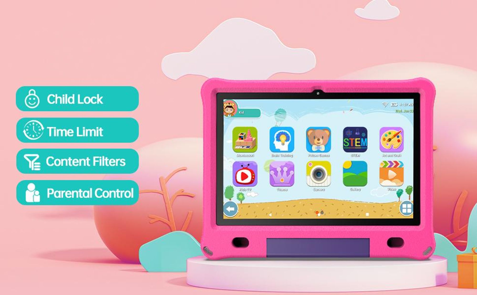 Pritom 10,1 Zoll Kinder-Tablet Android 15 WIFI 6 Quad-Core-Prozessor 3 GB RAM 64 GB ROM YouTube mit EVA-Schutzhülle, Rosa