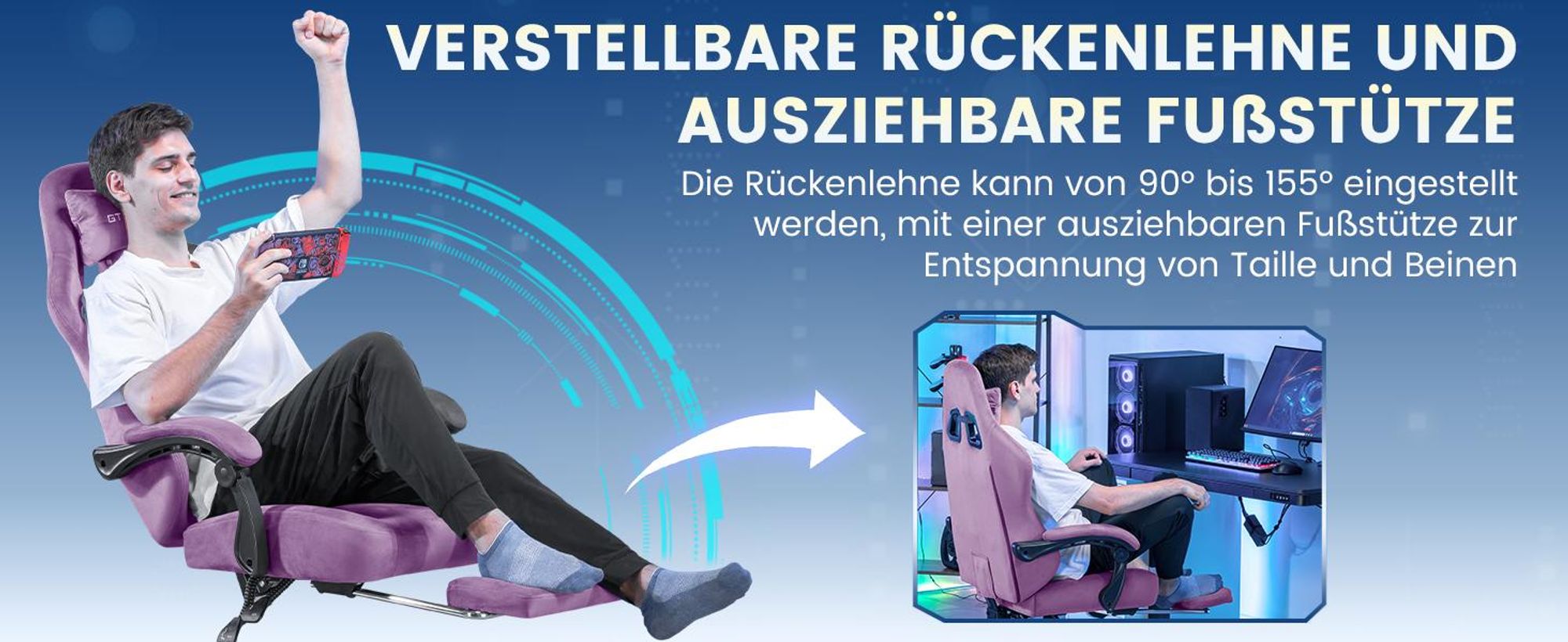 GTPLAYER Gaming Stuhl Ergonomischer Gaming Sessel Schreibtischstuhl Bürostuhl mit Stoffoberfläche Federsitzkissen, Verbindungsarmlehnen, mit Fußstütze