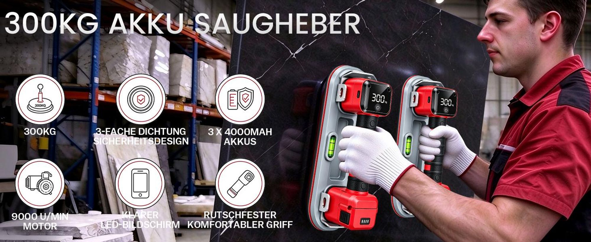 2x Akku Saugheber 26cm Elektrischer Nachsaugend Vakuum Saugnapf 300KG Saugkraft, 3×4Ah Akku LCD-Anzeige Plattenheber für Fliesen Glas Terrassenplatten