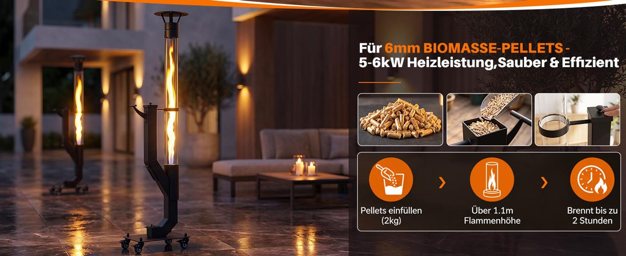 ZMH Stufa a pellet esterna 6KW camino da giardino cilindrico 167cm focolare autoportante con ruote fiamma regolabile lunga durata combustione giardino