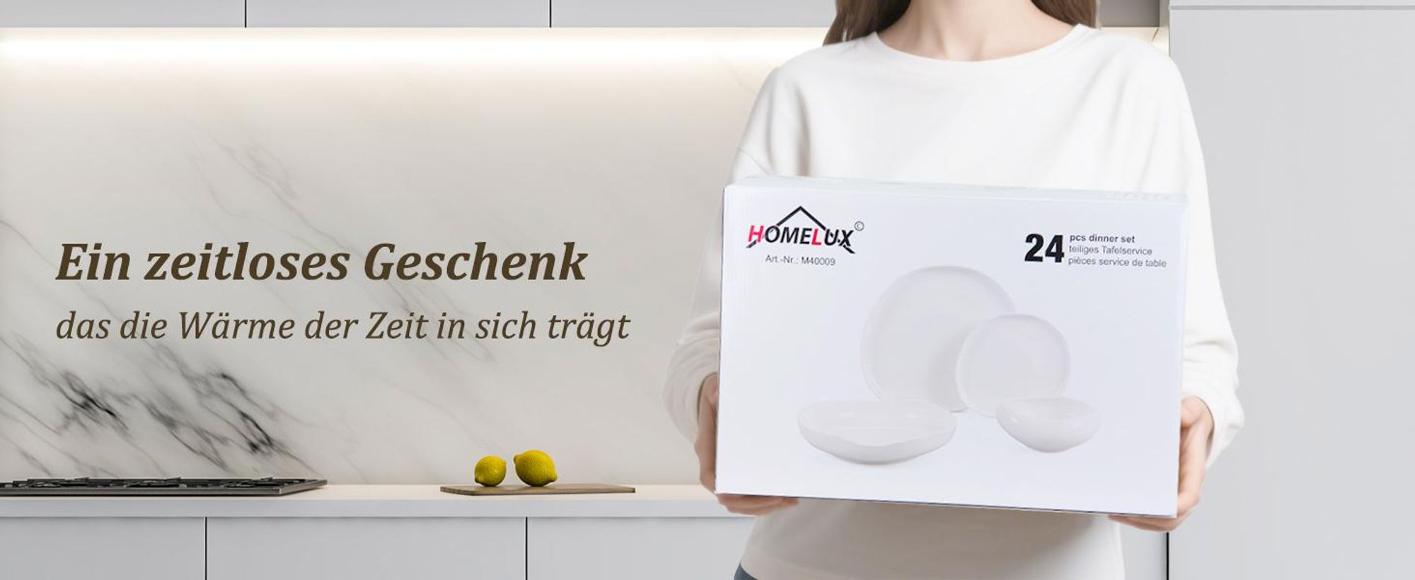 HOMELUX 24-tlg Kombiservice Porzellan Tafelservice für 6 Personen Geschirrset mit Speiseteller Dessertteller Suppenteller Salatschüsseln, Weiß+Khaki
