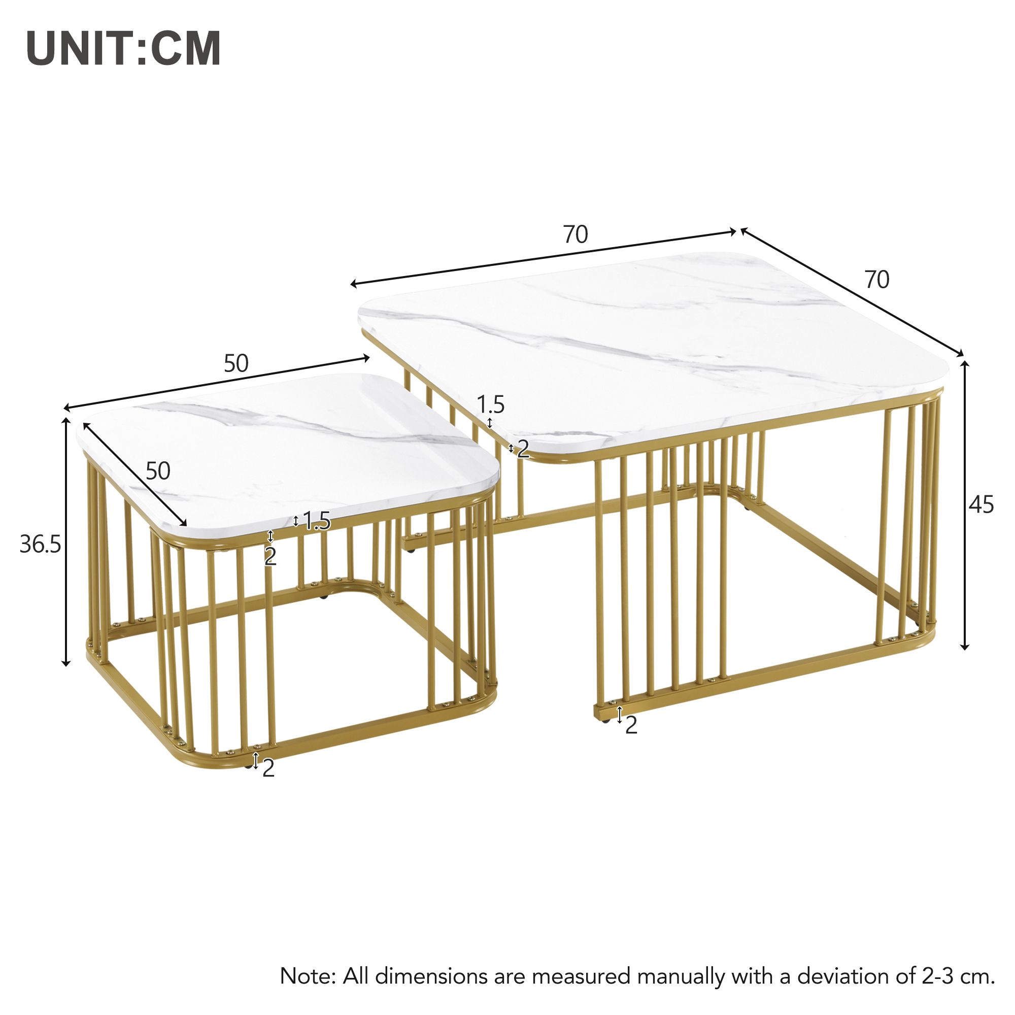 Merax 2er Set Couchtisch mit Marmormuster und Metallrahmen, Beistelltisch hochglänzend, Satztisch Beistelltisch Kaffeetisch, 70x70x45 cm/45x50x36.5 cm