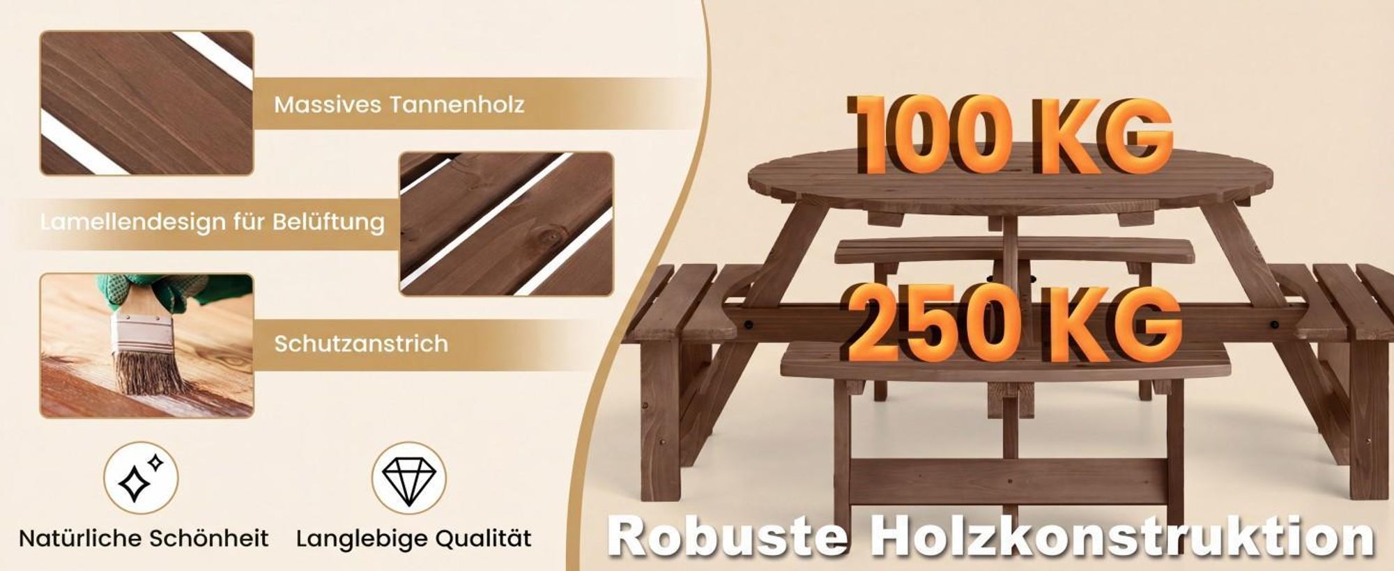 COSTWAY Gartenmöbel-Set für 8 Personen, Gartentisch mit Schirmloch & 4 Bänken, Picknicktisch Set rund, Sitzgarnitur Holz, Sitzgruppe Braun