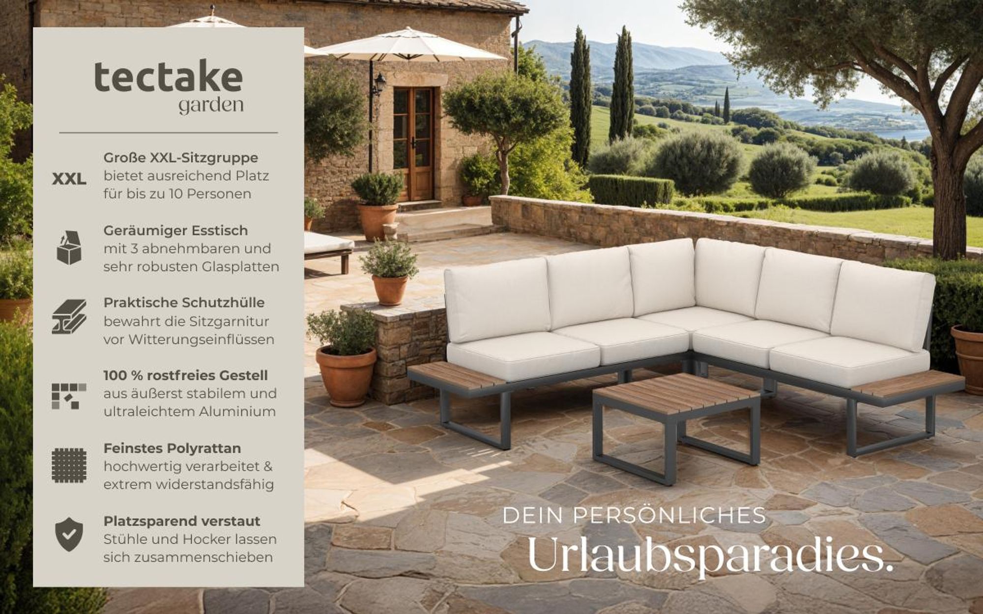 tectake® Aluminium Garten-Lounge-Set Eliar mit Pulverbeschichtung, wetterfest