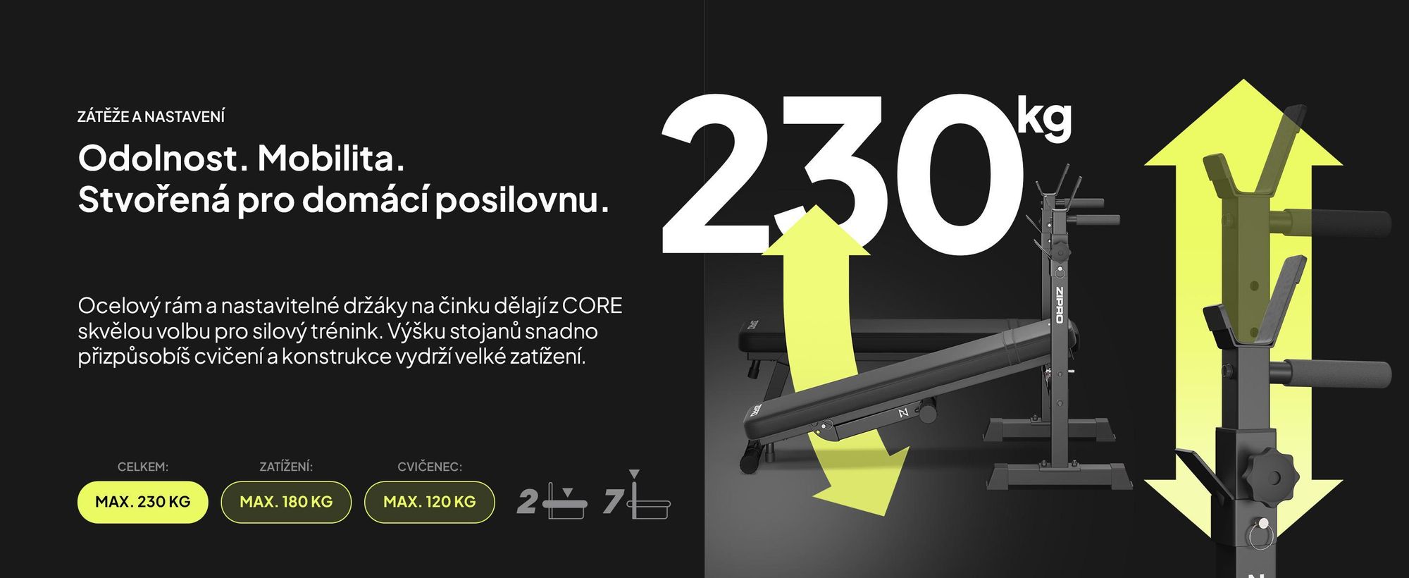 Zipro posilňovacia lavica s odkladacou plochou na činku Core – skladateľná lavica na tlaky na lavičke Plochá lavica s dip barami Nosnosť do 230 kg Úspora miesta
