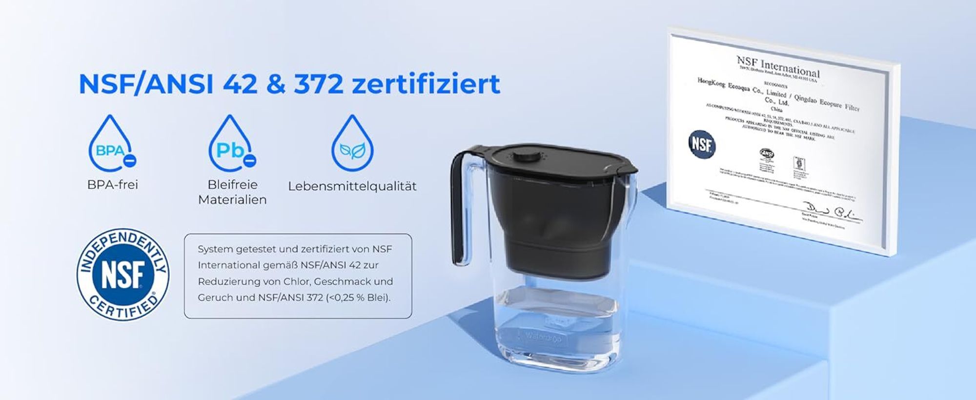 Waterdrop Wasserfilter Kanne Kühlschrank Wasserfilterkrug mit 3-Monats-Filter, 2,5 L, Reduziert Fluorid, Chlor und Mehr(Ersatzfilter: WD-PF-01A Plus)