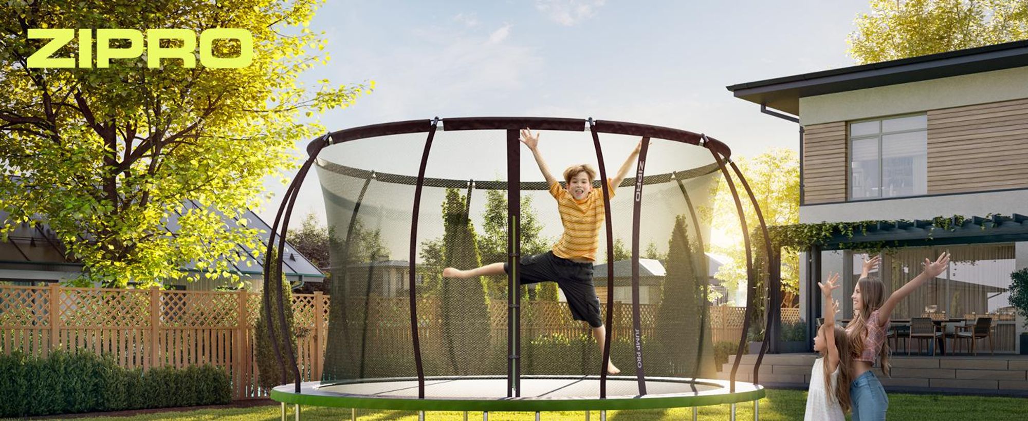 ZIPRO Trampolin Jump Pro Premium | 12FT Ø 374 cm | Gartentrampolin Kindertrampolin Komplett-Set inkl. Netz, Leiter & Randabdeckung, Outdoor, Grün