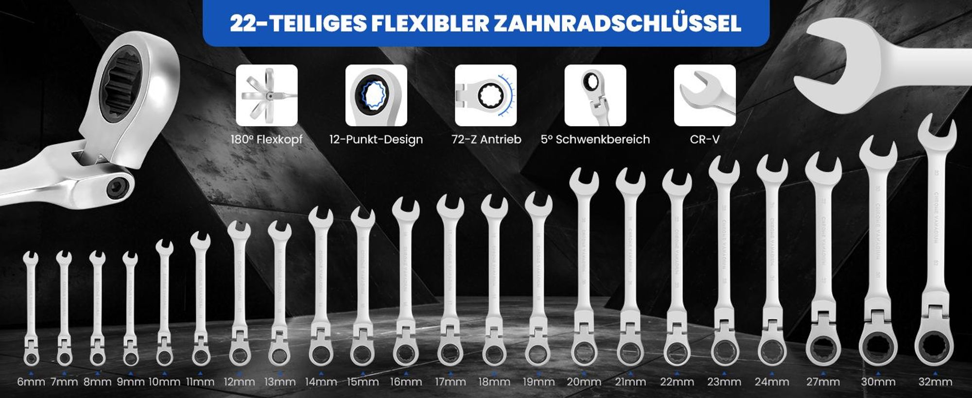 Ratschenschlüssel-Sets, 22-teilig, 180° flexkopf, 72-Zahn-Ratschengetriebe, 6–32 mm