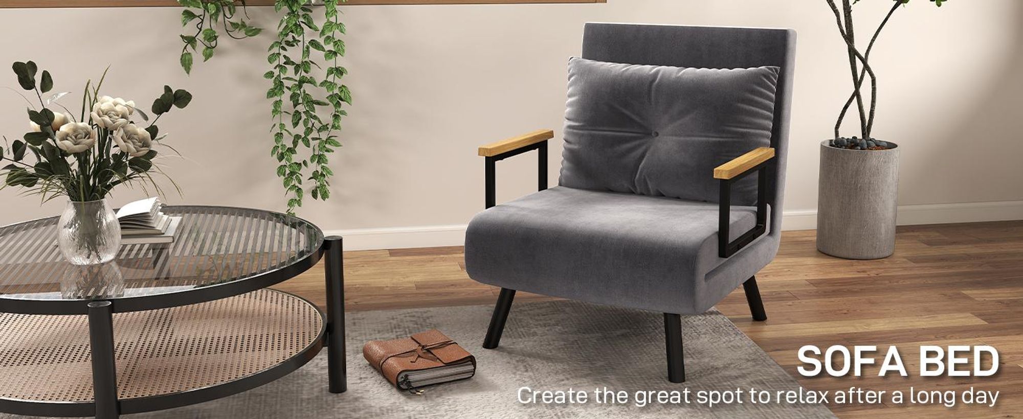 Sofa rozkładana HOMCOM 4 w 1, 2-osobowa z funkcją spania, 183 x 63 cm, rozkładana z 5-stopniową regulacją oparcia, podłokietnikiem, poduszką lędźwiową, welurowy wygląd do salonu, ciemnoszary