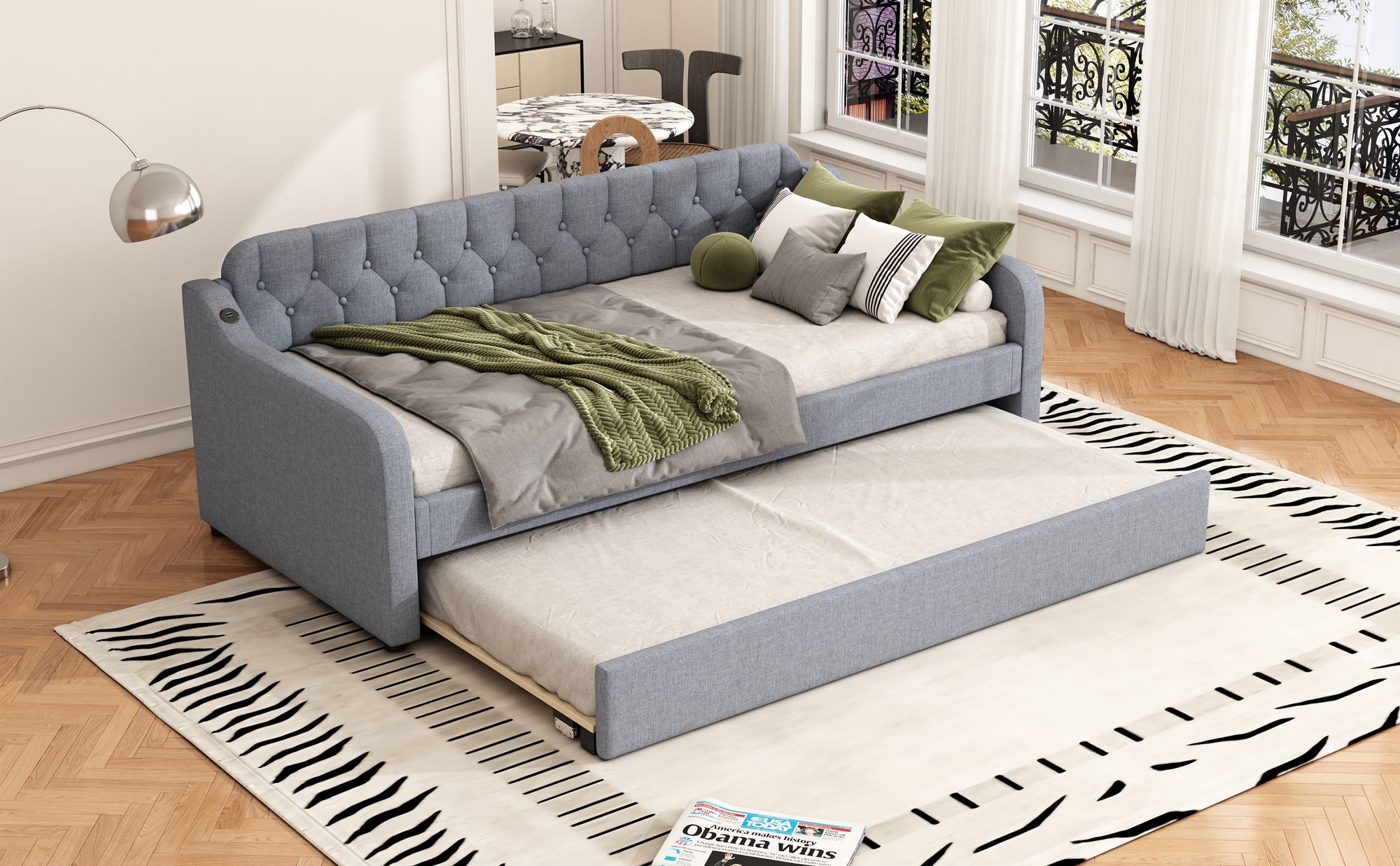 Merax Tagesbett 90x200cm/180x200cm Ausziehbett, Erweiterbares Schlafsofa mit USB und Lattenrost, Leinen Polsterbett Kinderbett Sofabett, Grau