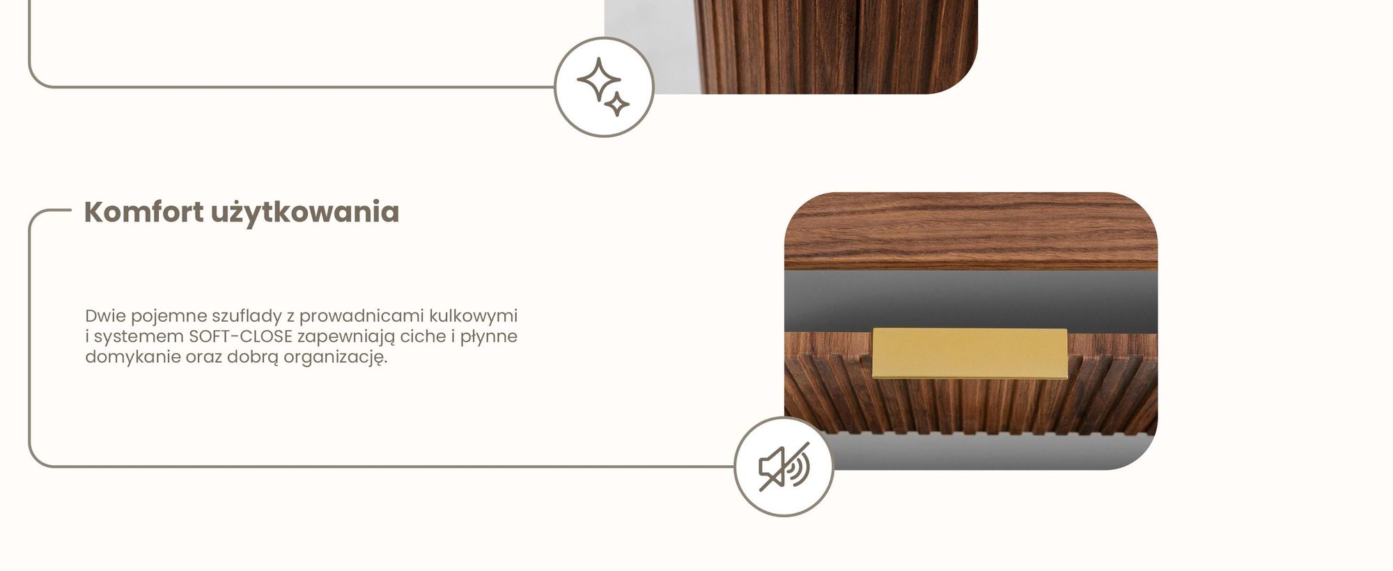 Rodan | Szafka Pod Umywalkę - 120 Cm - Wisząca - Orzech Dąb - Owalne Fronty - MDF - 2 Szuflady SoftClose - Blat w Zestawie
