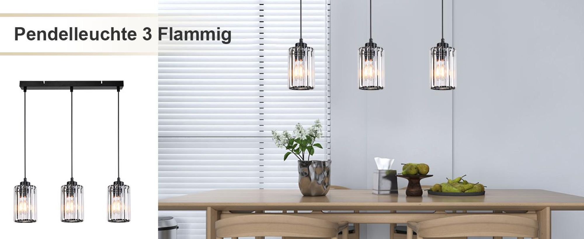 ZMH Hanglamp eettafel 3-lichts zwart kristal E27 fitting hoogteverstelbaar moderne pendellamp eetkamerlamp woonkamer slaapkamer keuken