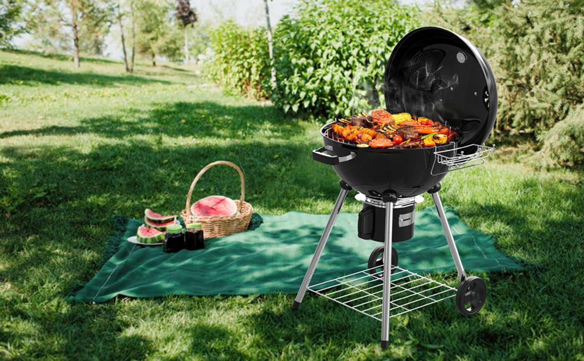 TEENO Holzkohlegrill mit Deckel, XXL Rundgrill, Aschekasten, Regulierbares Lüftungsloch, Kugelgrill, 83 cm x 71 cm x 105,5 cm – Ideal für Garten