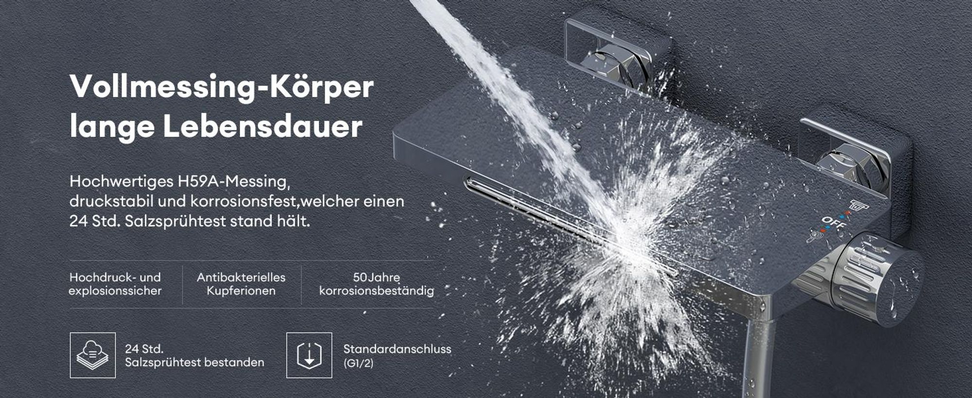 doporro Badewannenarmatur mit Handbrause, Wasserfall Wannenarmatur aus Vollmessing, Armatur Badewanne Wandarmatur, Wandmontage Silber DSN-403