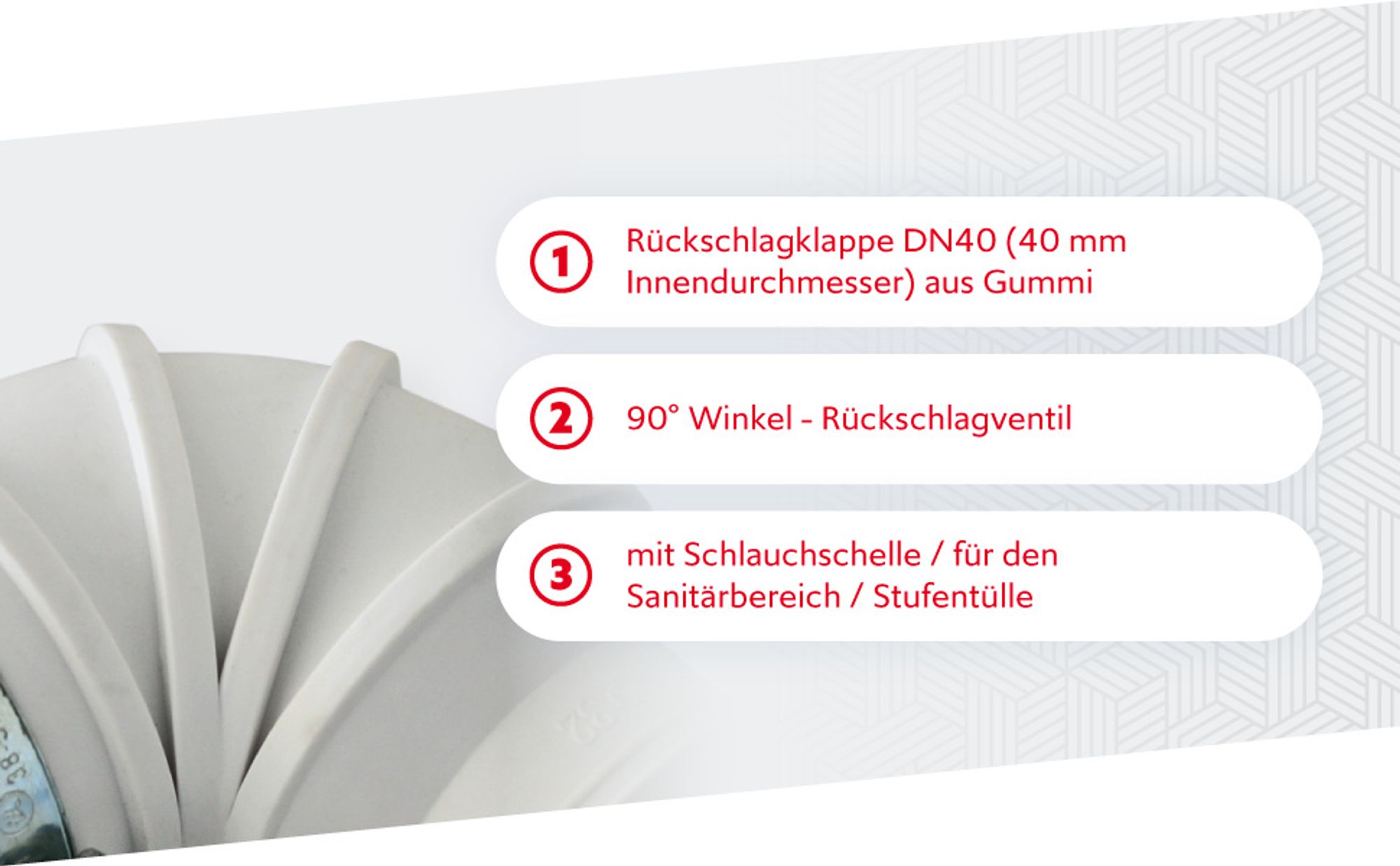 Wiltec Rückschlagventil DN40 für Sanitärbereich, Rückschlagklappe mit 40 mm Außendurchschmesser, 90° Winkelstück mit Stufentülle und Schlauchschelle