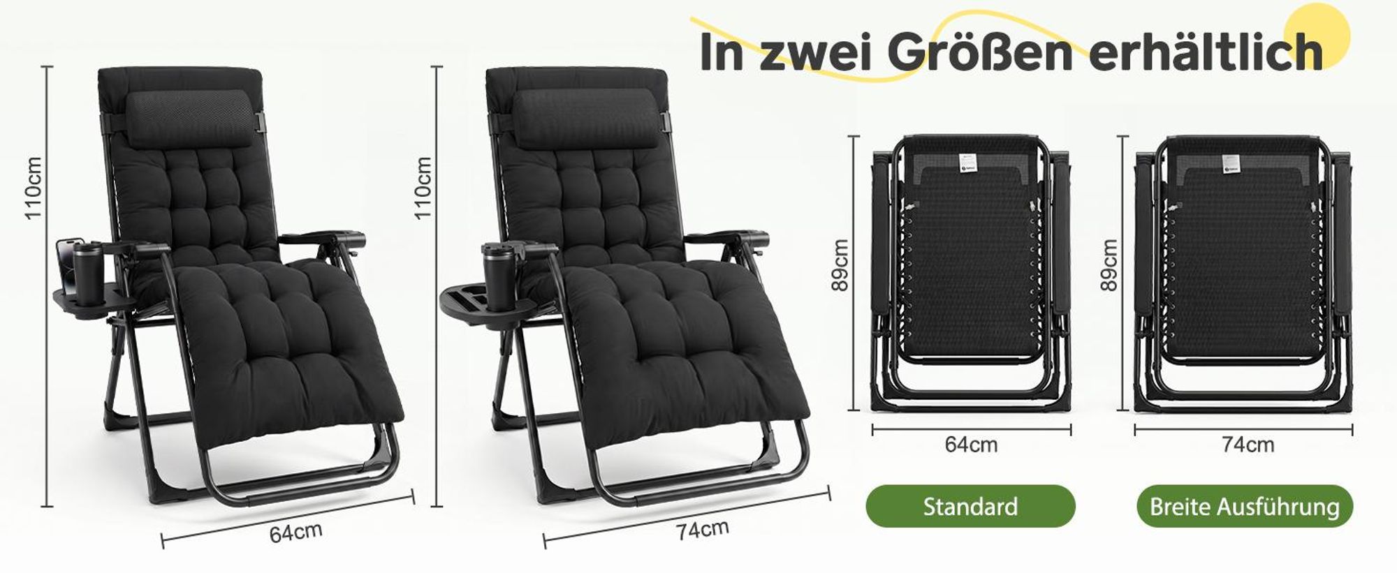 Sekey Liegestuhl Klappbar bis 150 kg Sonnenliege mit Liegestuhlauflage, 3-Stufig Verstellbar Klappstuhl, 64 cm Breit, Grau
