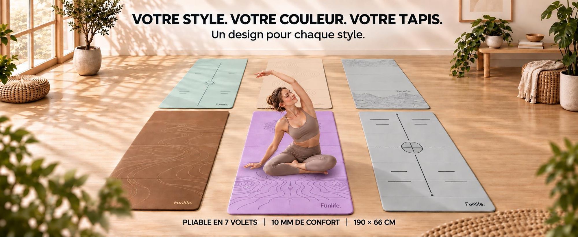 FunLife, tapis de yoga pliable XXL, 190 x 66 cm – épaisseur de 10 mm, tapis de fitness et de gymnastique antidérapant pour le yoga, le Pilates, les exercices à domicile et les activités en extérieur