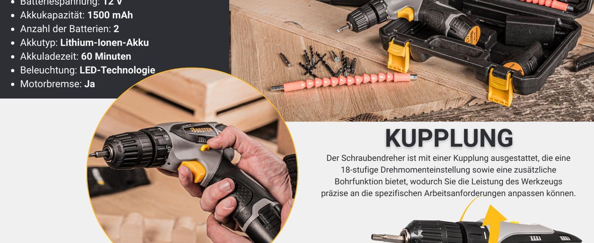 BESTEN Schraubendreher Akku-Bohrschrauber Schraubendreher-Bits Steckdosen Led 2Xaku Set XXL