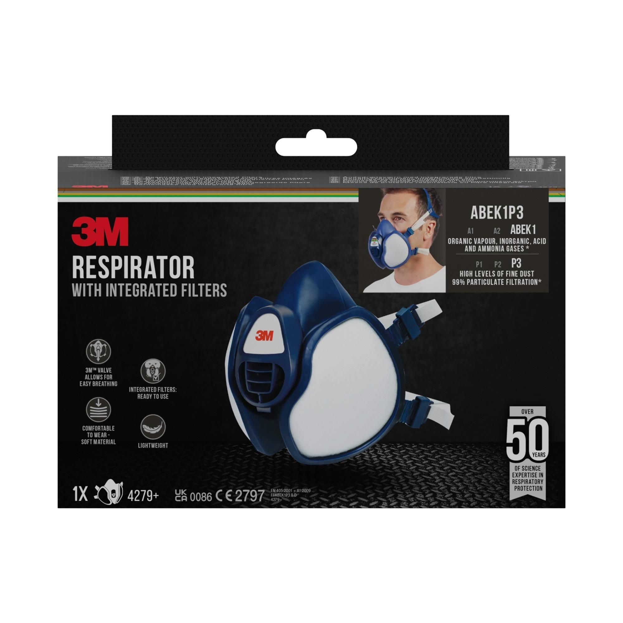 3M™ Atemschutzmaske mit integrierten Filtern, ABEK1P3, Kombinationsfilter