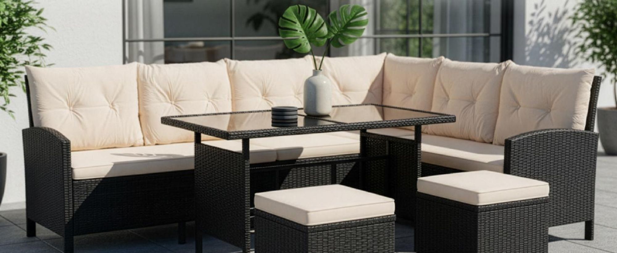 Juskys Polyrattan Lounge Manacor in Schwarz und Creme