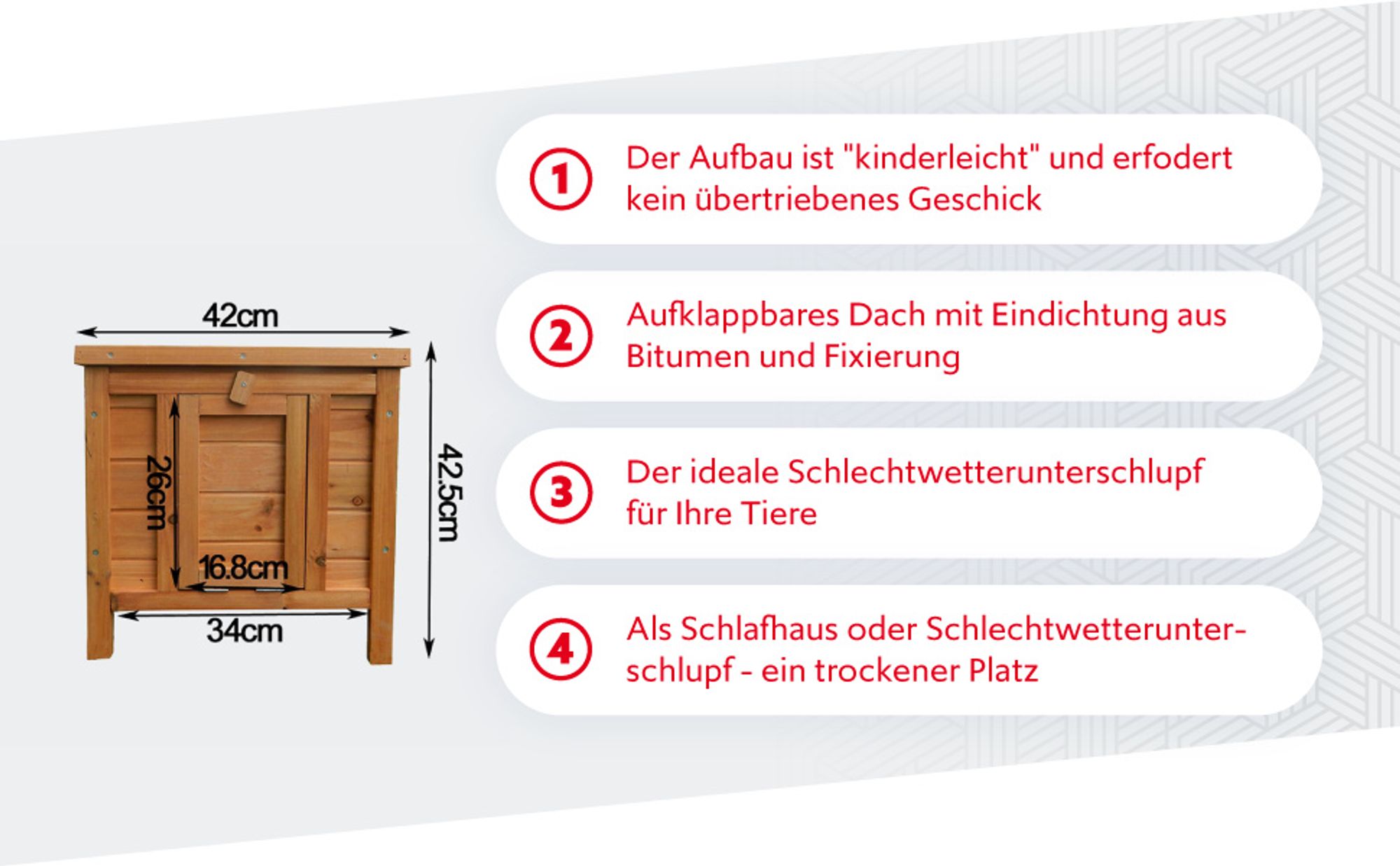 Wiltec Katzenhaus 420 x 515 x 430 mm aus Fichtenholz, Kleintierhaus Kaninchenstall mit Dach aufklappbar, Bitumeneindichtung, Tierstall für Garten/Balkon