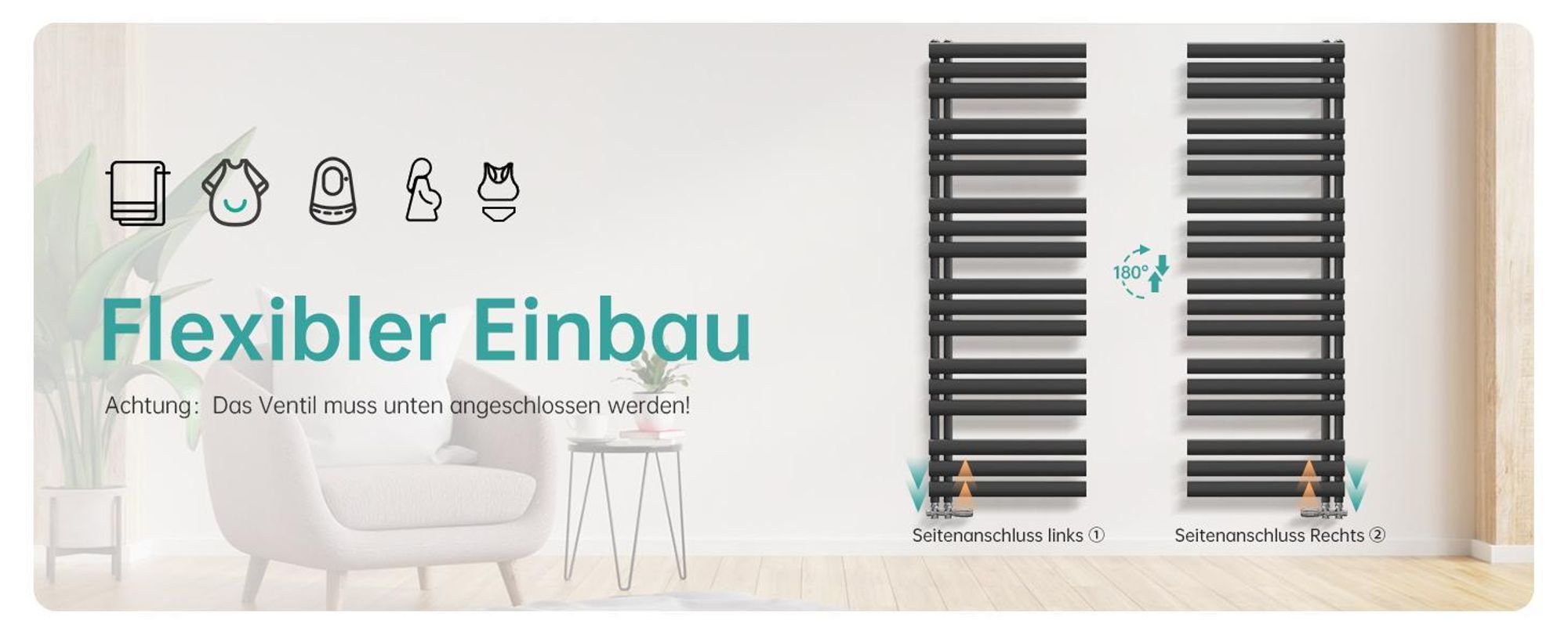 EMKE Badheizkörper Oval Röhren Badheizkörper Handtuchwärmer Rohrheizkörper Vertikal Seitenanschluss für Wasser Anthrazit 174×60cm ohne Heizstab