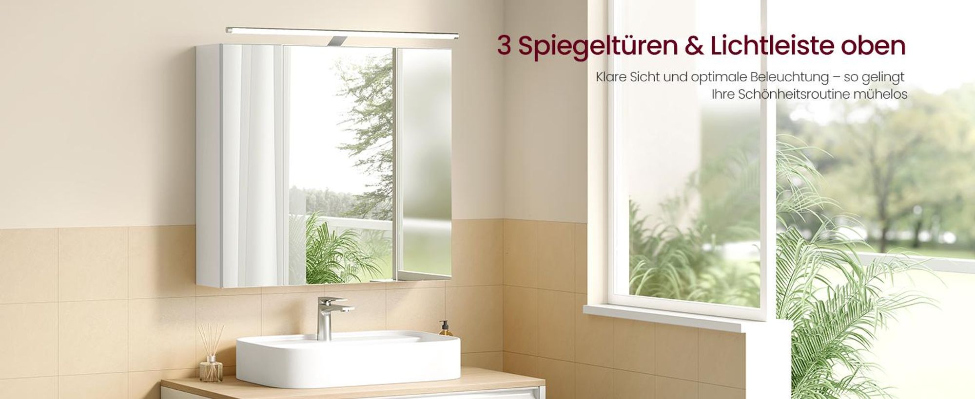 VASAGLE Spiegelschrank, Hängeschrank mit verstellbaren Ablagen, Beleuchtung, 3 Türen, modern, 15 x 60 x 55 cm, weiß
