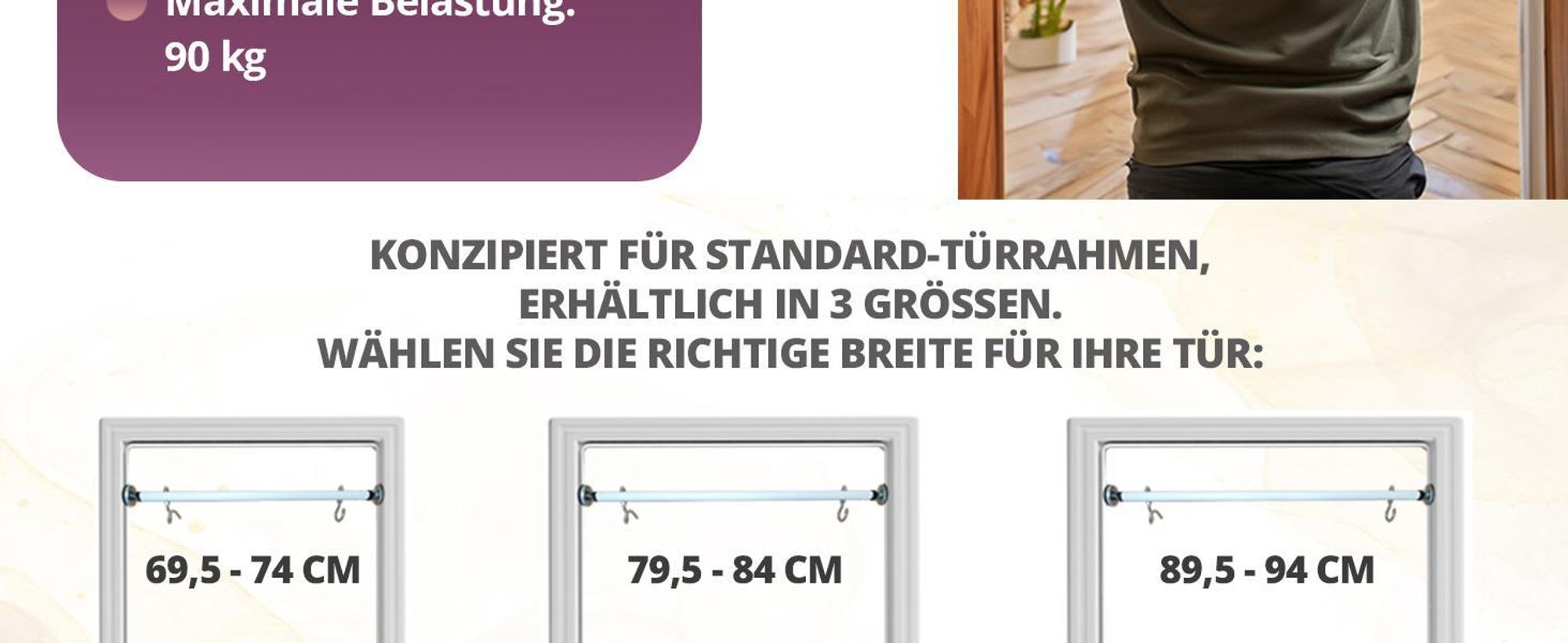 Create for you® - Klimmzugstange, für Türrahmen, mit Haken für Kinderschaukel - Fitnessgeräte für Zuhause - Montage ohne Bohren, Weiß -  90cm