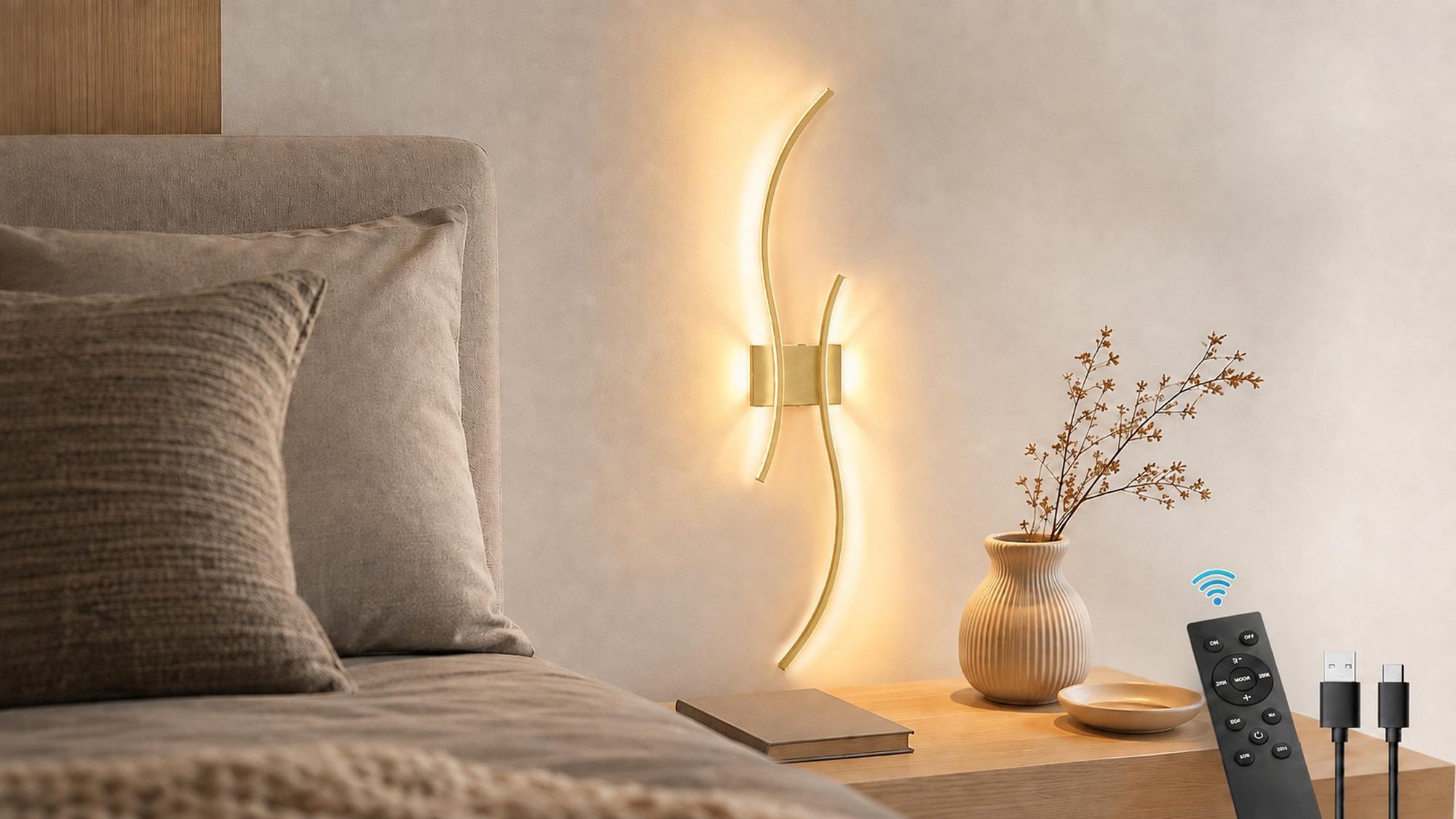 Akku Wandleuchte 100cm 2er Set - Kabellos Dimmbar 3000K-6000K USB-C Wiederaufladbar Wandlampe mit Fernbedienung Gold Wohnzimmer Flur Treppenhaus