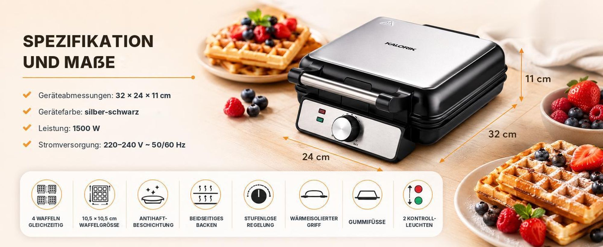 Kalorik Waffeleisen 4 knusprige Waffeln Einstellbarer Thermostat  1500W