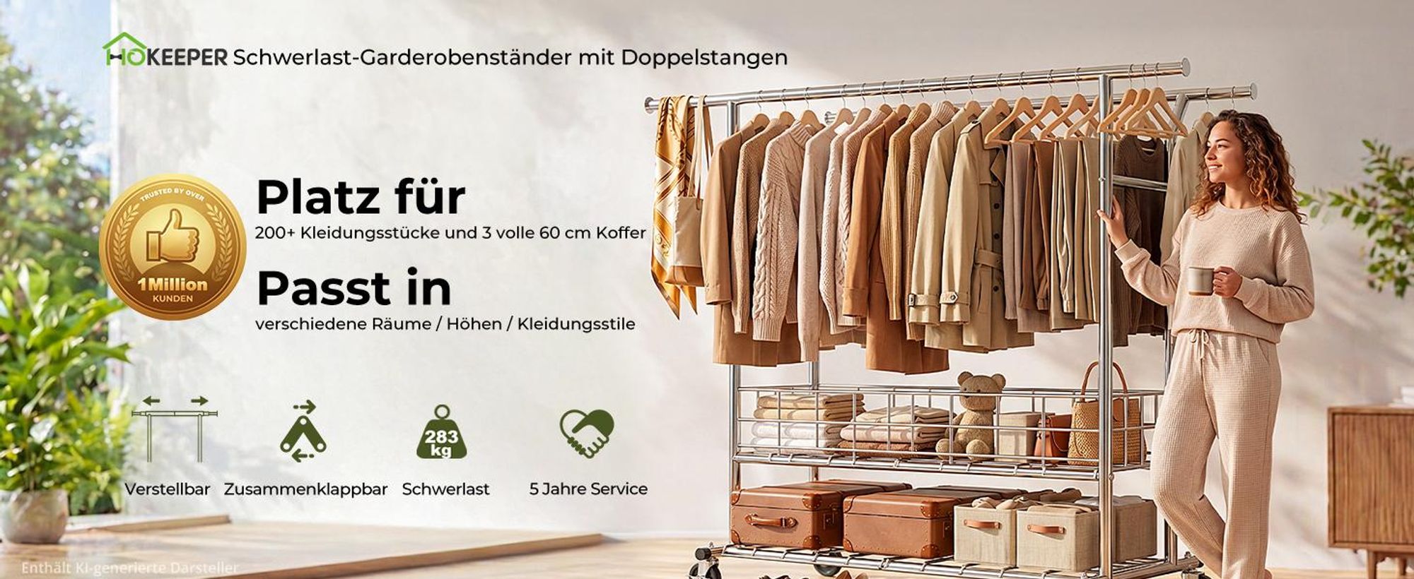 HOKEEPER Schwerlast Kleiderstange auf Rollen, Doppelter Kleiderstange, bis 283 kg belastbar, Industrie-Design, Garderobenständer