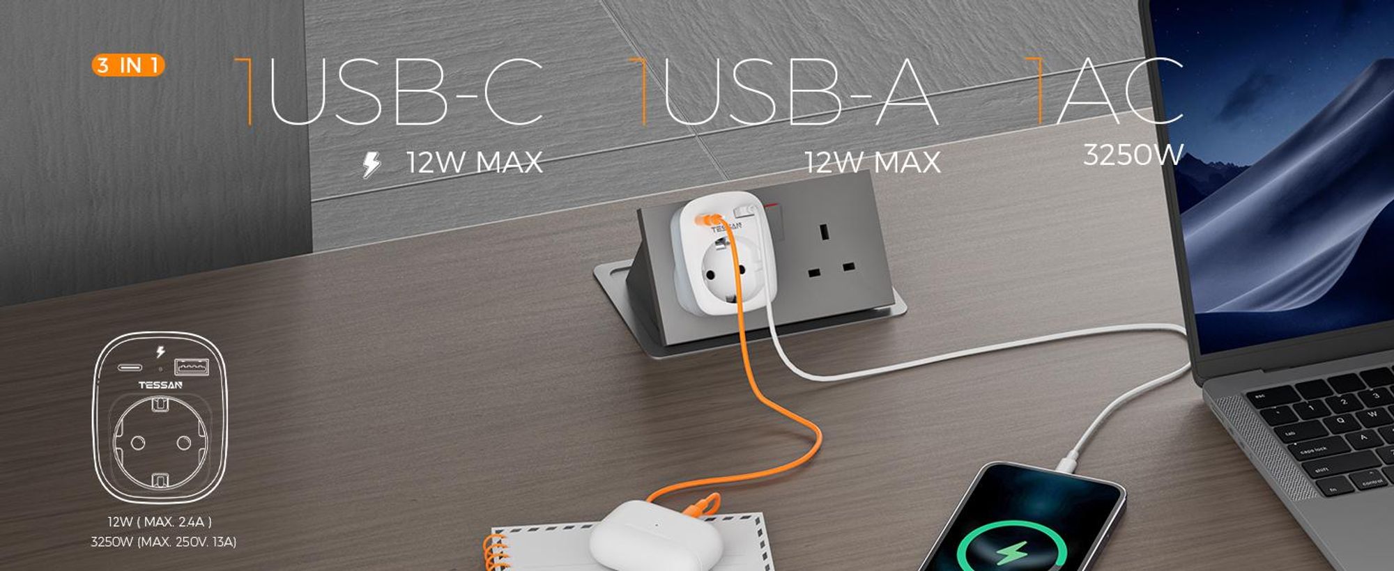 TESSAN 2er Pack Adapter England Deutschland Stecker 3 in 1 Steckdosenadapter mit USB C und USB A 3250W Typ G