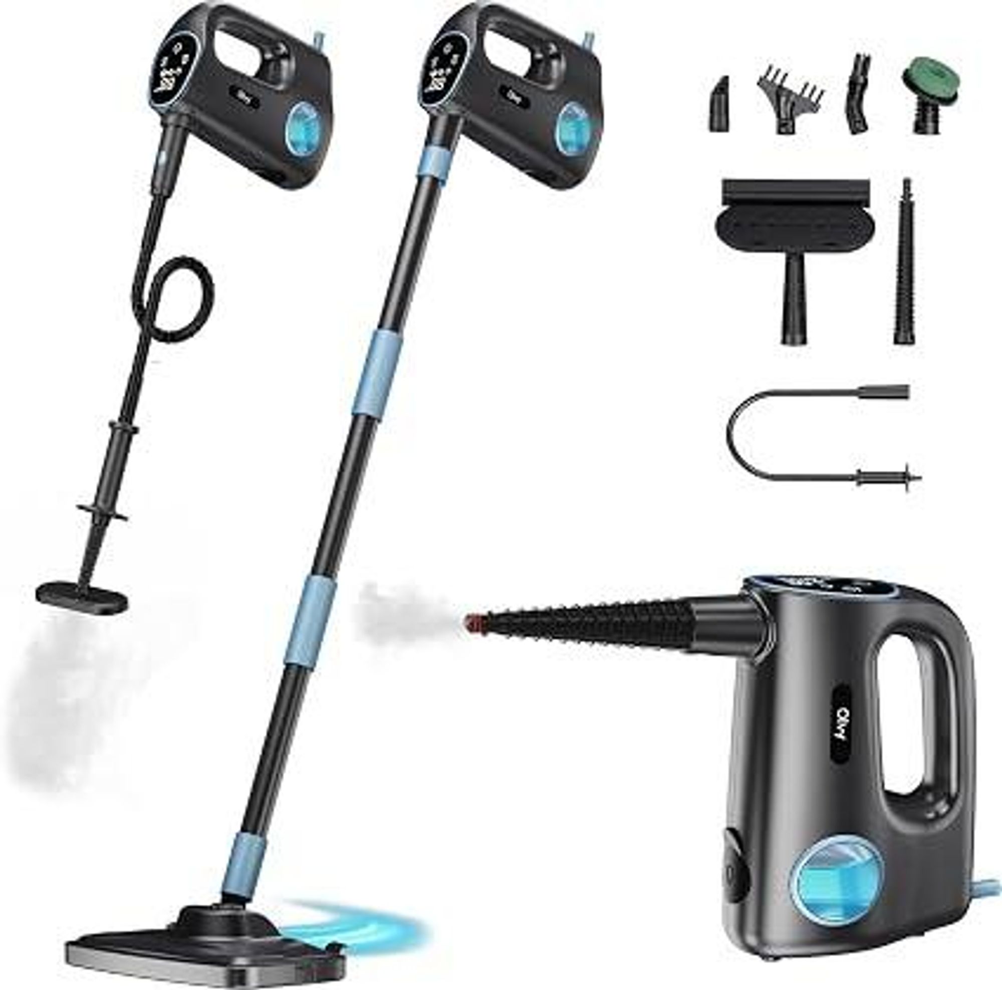 Olvy 14-in-1 stoomreiniger met dweilfunctie en touchscreen – 125 °C stoom – Handheld stoomreiniger voor tapijten, banken en harde vloeren – 5 meter kabel