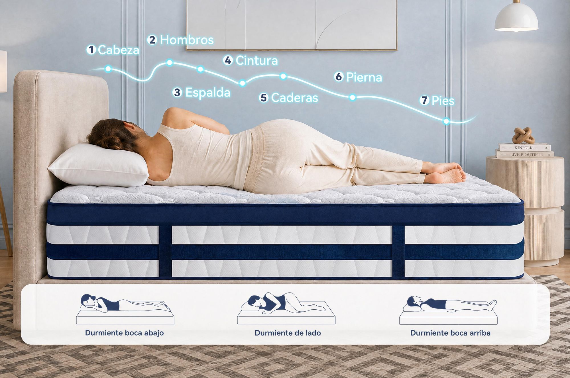 Colchón de 90x190 cm, con una altura de 26 cm, que incluye un acolchado superior integrado. Colchón de muelles ensacados con 7 zonas, firmeza H3/H4. Funda de alta calidad de 420 g/m²