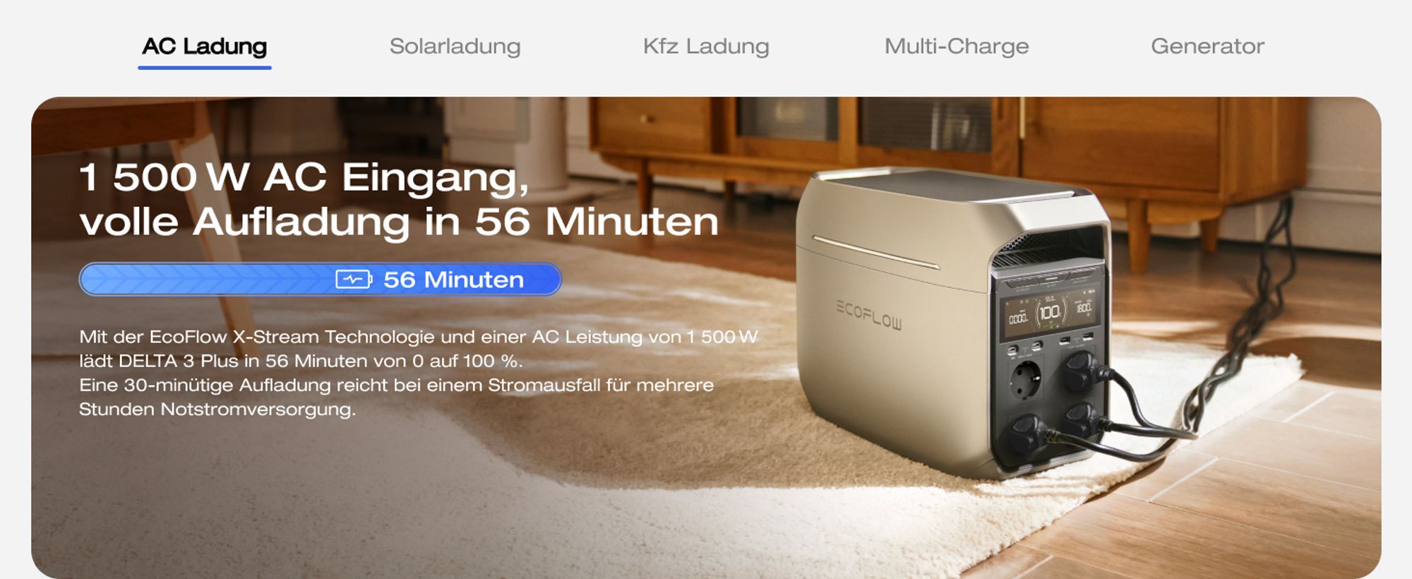 EF ECOFLOW Tragbare Powerstation DELTA 3 Plus, 1024 Wh LiFePO4-Batterie, vollständig aufgeladen in 56 Minuten, 1800W (3600W Spitze) Solargenerator