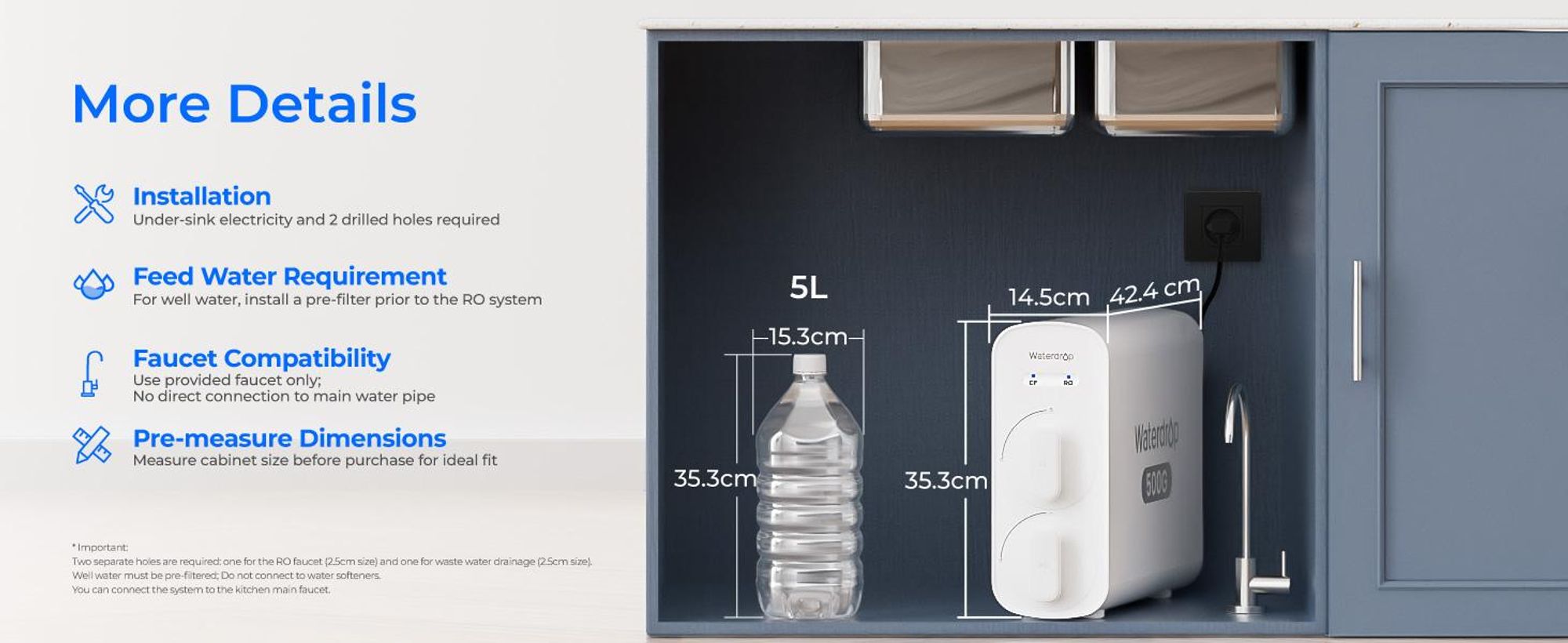 Waterdrop G5P500A Alkalischer Mineral-pH+ Umkehrosmose-Wasserfilter,8-Stufiges 500G RO Wasserfiltersystem, 2:1 Reinheit Zum Abfluss, Reduziert TDS
