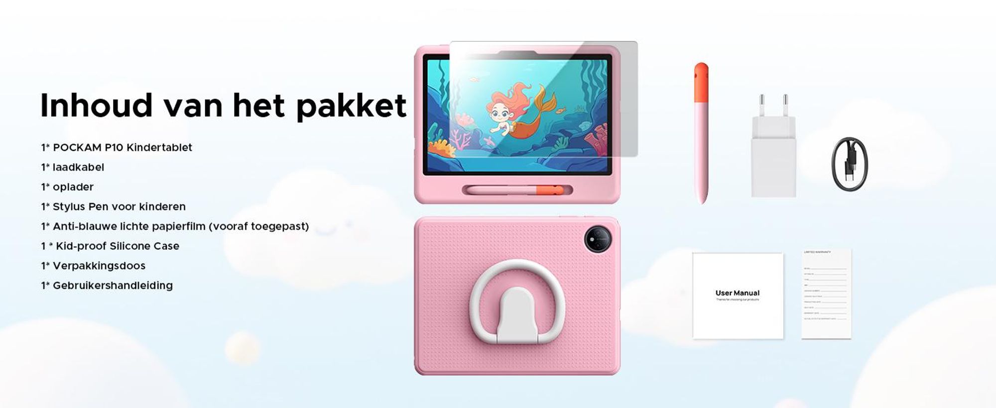POCKAM P10 kinder tablet, 10,1 inch, met Gemini AI, Android 16, 32 (6+26) GB RAM + 64 GB ROM/TF 2TB, 7000mAh, WiFi tablet voor kinderen, met kindvriendelijke hoes en stylus
