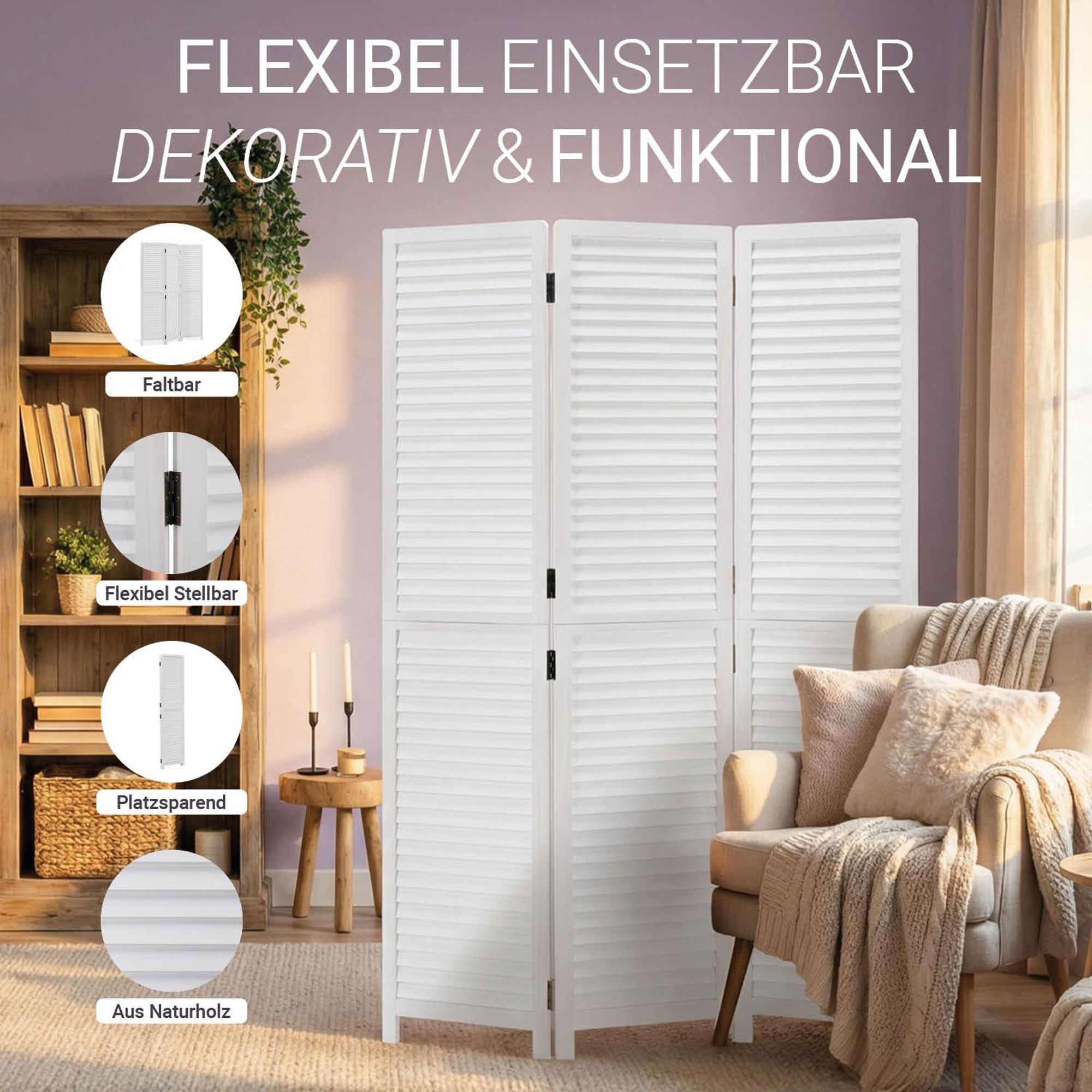 Der Raumteiler ist faltbar,  flexibel stellbar und platzsparend.
